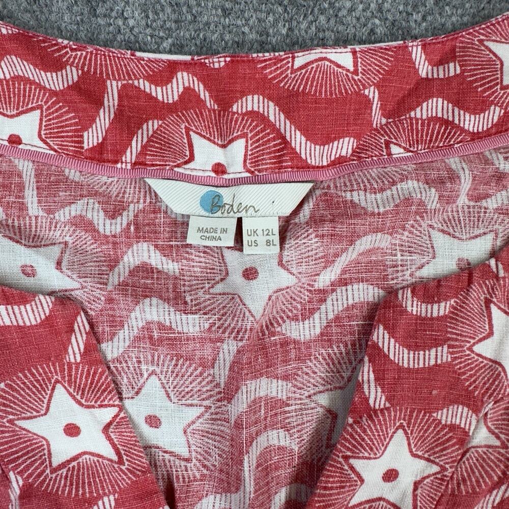 Boden Red Linen Star Mini Dress 3/4 Sleeve Notch Neck Sz 8 Petite 4th Of July - Picture 3 of 11
